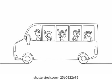 Continuous one line drawing school bus with driver and students. A cheerful journey from home to school. A fun day. School Bus Driver Appreciation Day. Single line draw design vector illustration