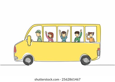 Continuous one line drawing school bus with driver and students. A cheerful journey from home to school. A fun day. School Bus Driver Appreciation Day. Single line draw design vector illustration