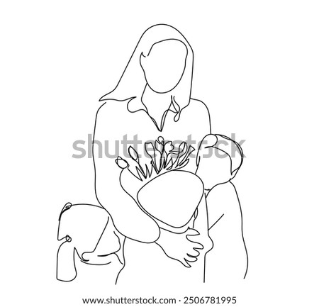 Continuous one line drawing School kids giving flowers gift for Teacher day. Children students hugging tutor, educator with love, gratitude, celebrating holiday.