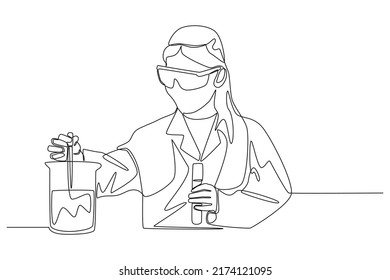 Continuous one line drawing scientific woman and transparent glasses performs tests and liquid in tube  Scientist concept  Single line draw design vector graphic illustration 