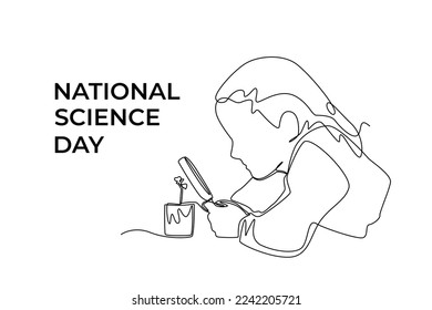 Una línea continua dibujando a una chica científica observando la planta con lupa. Concepto del Día de la Ciencia. Ilustración gráfica vectorial de diseño de líneas simples. 