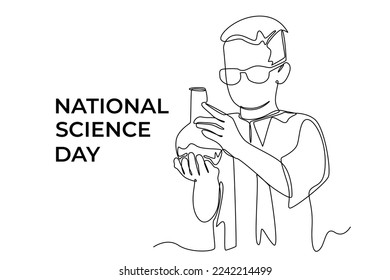 Una línea continua dibujando la reacción de un niño científico en el tubo. Concepto del Día de la Ciencia. Ilustración gráfica vectorial de diseño de líneas simples. 