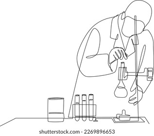 Continuous one line drawing scientist doing some research. laboratory activity concept. Single line draw design vector graphic illustration.