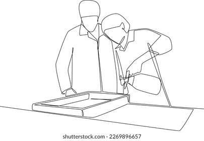 Continuous one line drawing scientist doing some research. laboratory activity concept. Single line draw design vector graphic illustration.