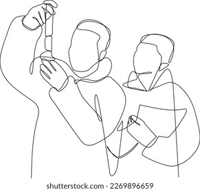 Continuous one line drawing scientist doing some research. laboratory activity concept. Single line draw design vector graphic illustration.