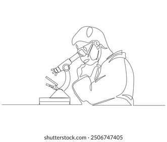 Continuous one line drawing of scientist using microscope in laboratory. One line drawing illustration of scientist with microscope. World science day concept line art. Editable outline.