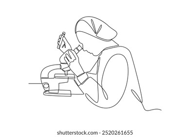 Continuous one line drawing of scientist using microscope in laboratory. One line drawing illustration of scientist with microscope. World science day concept line art.