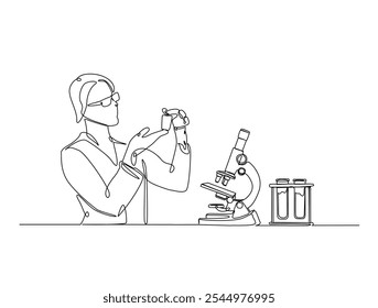 Continuous one line drawing of scientist holds flashk in labs with microscope and laboratory equipment . Editable vector. 
