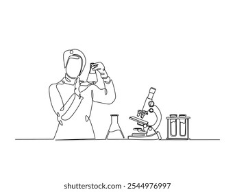 Continuous one line drawing of scientist holds flashk in labs with microscope and laboratory equipment . Editable vector. 
