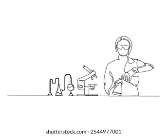 Continuous one line drawing of scientist holds flashk in labs with microscope and laboratory equipment . Editable vector. 
