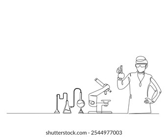 Continuous one line drawing of scientist holds flashk in labs with microscope and laboratory equipment . Editable vector. 
