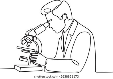 Continuous one line drawing of a scientist using a microscope in a laboratory, minimal outline vector illustration of medical research scene

