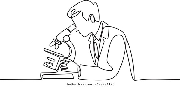 Continuous one line drawing of a scientist using a microscope in a laboratory, minimal outline vector illustration of medical research scene

