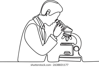 Continuous one line drawing of a scientist using a microscope in a laboratory, minimal outline vector illustration of medical research scene

