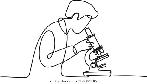 Continuous one line drawing of a scientist using a microscope in a laboratory, minimal outline vector illustration of medical research scene

