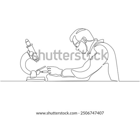 Continuous one line drawing of scientist using microscope in laboratory. One line drawing illustration of scientist with microscope. World science day concept line art. Editable outline.