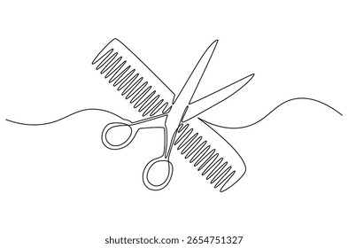 Continuous one line drawing of Scissor and comb icon. Single line drawing illustration of Crossed scissors and combs. Barbershop and salon concept vector art. Doodle line illustration.