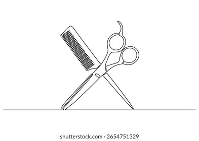 Dibujo continuo de una línea de tijera e icono de peine. Ilustración de dibujo de una sola línea de tijeras cruzadas y peines. Arte vectorial de concepto de barbería y salón. Ilustración de línea Doodle.