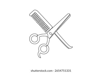 Continuous one line drawing of Scissor and comb icon. Single line drawing illustration of Crossed scissors and combs. Barbershop and salon concept vector art. Doodle line illustration.