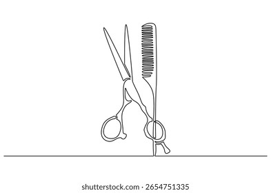 Continuous one line drawing of Scissor and comb icon. Single line drawing illustration of Crossed scissors and combs. Barbershop and salon concept vector art. Doodle line illustration.
