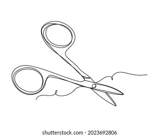 Continuous one line drawing of scissors in silhouette on a white background. Linear stylized.Minimalist.