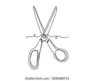 Continuous one line drawing of scissors icon in silhouette on a white background. Linear stylized.