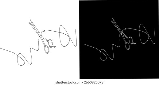 Desenho contínuo de uma linha de tesoura com uma linha fluindo, mostrado em fundos pretos e brancos. Design minimalista ideal para conceitos relacionados a salão, alfaiate ou arte.