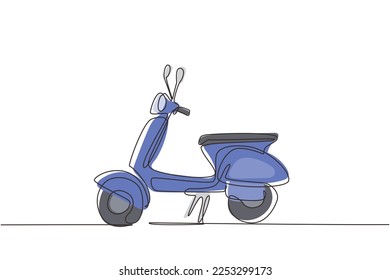 Continuous one line drawing Scooter transport icon. Modern scooters motorcycle for urban citizen. Cute stylish vintage retro scooter for delivery. Single line draw design vector graphic illustration