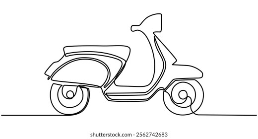 Continuous one line drawing scooter on a white background. vector illustration, Scooter in continuous line art drawing style. Stand-up scooter for short distance transportation minimalist black linear