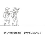 Continuous one line drawing scout boy and girl with binoculars and map. Children scout adventure camping concept. Hiking recreational tourism group. Single line draw design vector graphic illustration