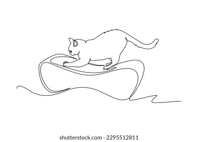 Continuous one line drawing scratching cat. Urban pets concept. Single line draw design vector graphic illustration.