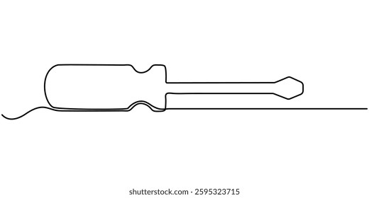 Continuous one line drawing of screwdriver icon in silhouette on a white background. Linear stylized, Vector continuous one single line drawing icon of screwdriver in silhouette on a white background.