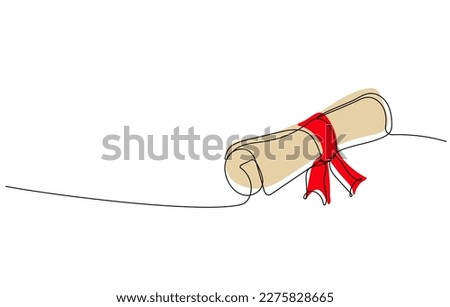 Continuous one line drawing of scroll of paper, certificate or diploma with red ribbon. Hand drawn vector illustration in minimalist line art style