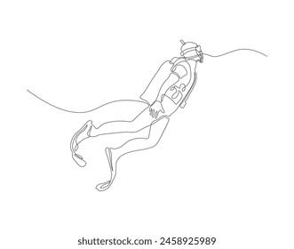 Continuous one line drawing of scuba diver diving in underwater. One line drawing illustration of scuba diver. Diving sport concept continuous line art. Editable outline.