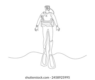 Dibujo continuo de una línea de buceo submarino. Ilustración de dibujo de una línea de buzo. Concepto de deporte de buceo arte de línea continua.