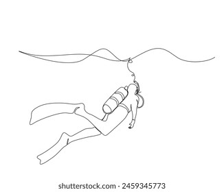 Continuous one line drawing of scuba diver illustration. Scuba diver under the sea single outline vector design. Editable stroke.