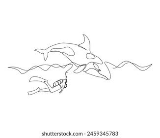 Continuous one line drawing of scuba diver and killer whale. Orca and scuba diver single outline vector design. Editable stroke.