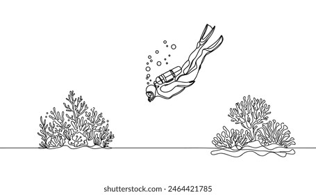 Continuous one line drawing of scuba diver illustration. Scuba diver under the sea single outline vector design.