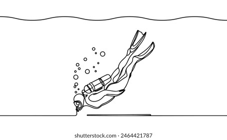 Continuous one line drawing of scuba diver illustration. Scuba diver under the sea single outline vector design.