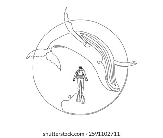 Continuous one line drawing of scuba diver diving with whale. One line drawing illustration of scuba diver swim with whale. Diving with marine animal concept single line. Editable outline
