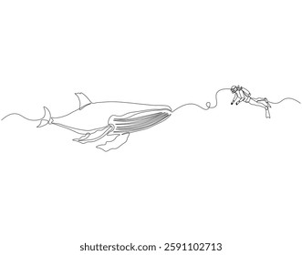 Continuous one line drawing of scuba diver diving with whale. One line drawing illustration of scuba diver swim with whale. Diving with marine animal concept single line. Editable outline
