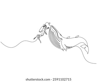 Continuous one line drawing of scuba diver diving with whale. One line drawing illustration of scuba diver swim with whale. Diving with marine animal concept single line. Editable outline
