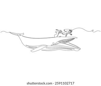 Continuous one line drawing of scuba diver diving with whale. One line drawing illustration of scuba diver swim with whale. Diving with marine animal concept single line. Editable outline
