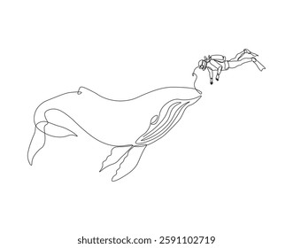 Continuous one line drawing of scuba diver diving with whale. One line drawing illustration of scuba diver swim with whale. Diving with marine animal concept single line. Editable outline
