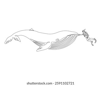 Continuous one line drawing of scuba diver diving with whale. One line drawing illustration of scuba diver swim with whale. Diving with marine animal concept single line. Editable outline
