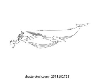 Continuous one line drawing of scuba diver diving with whale. One line drawing illustration of scuba diver swim with whale. Diving with marine animal concept single line. Editable outline
