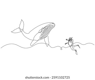 Continuous one line drawing of scuba diver diving with whale. One line drawing illustration of scuba diver swim with whale. Diving with marine animal concept single line. Editable outline
