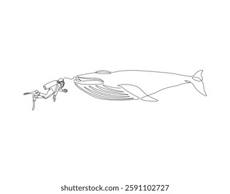 Continuous one line drawing of scuba diver diving with whale. One line drawing illustration of scuba diver swim with whale. Diving with marine animal concept single line. Editable outline
