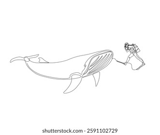 Continuous one line drawing of scuba diver diving with whale. One line drawing illustration of scuba diver swim with whale. Diving with marine animal concept single line. Editable outline
