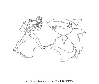 Continuous one line drawing of scuba diver diving with shark. One line drawing illustration of scuba diver swim with shark. Diving with marine animal concept single line. Editable outline
